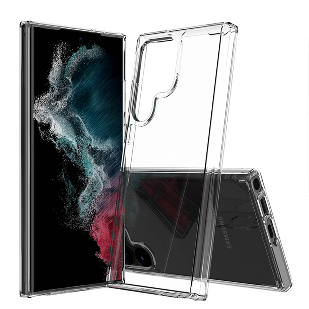 Clear phone case. A clear case is placed on a phone, allowing the phone's design to be visible.