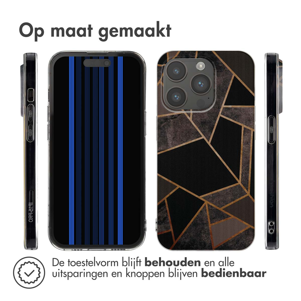 Telefoonhoesjes in meerdere weergaven. De hoes heeft een geometrisch ontwerp met blauwe lijnen.