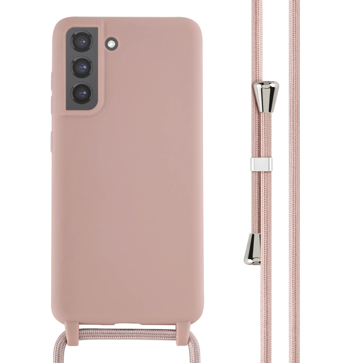Coque de téléphone rose avec un cordon pour le transport. Le cordon a des fermoirs métalliques.