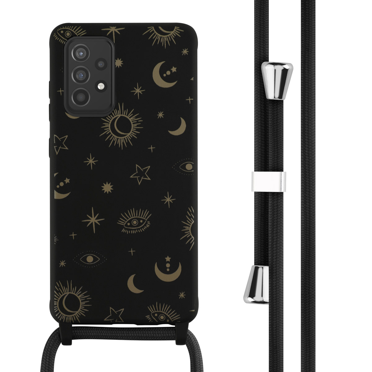 Coque noire avec motif céleste et cordon noir. Accents argentés sur le cordon.