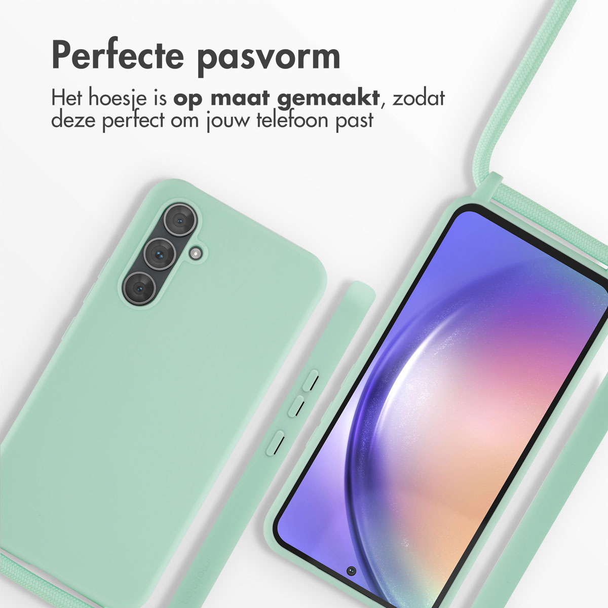 Een mintgroene telefoonhoes en een telefoon met hoes, die perfect past.