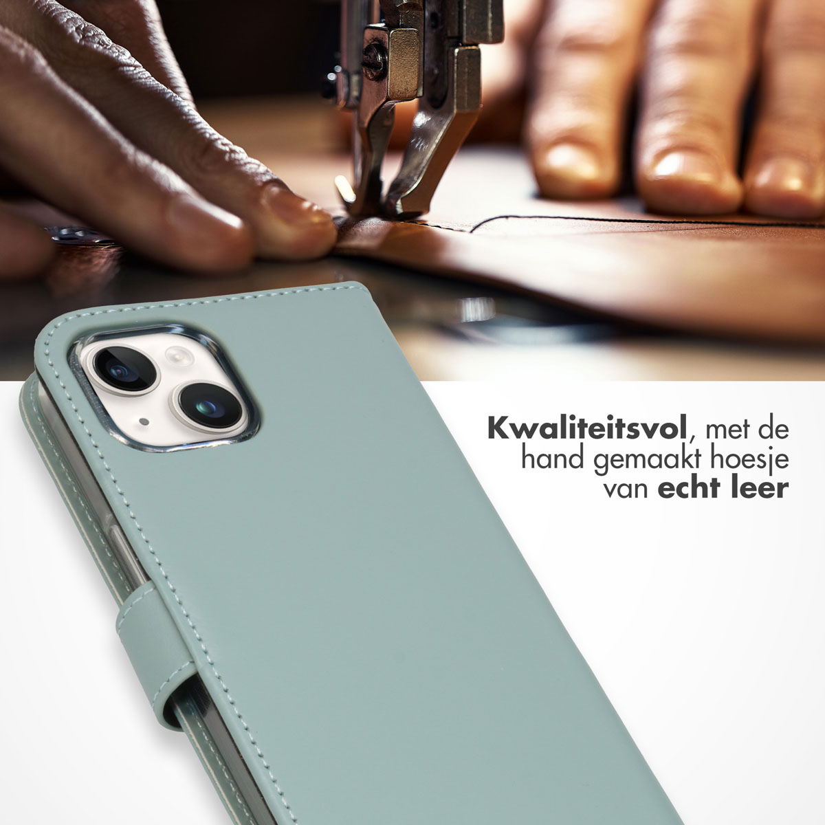 Een ambachtsman naait een leren telefoonhoesje; Nederlandse tekst: "Hoge kwaliteit, handgemaakt leer".
