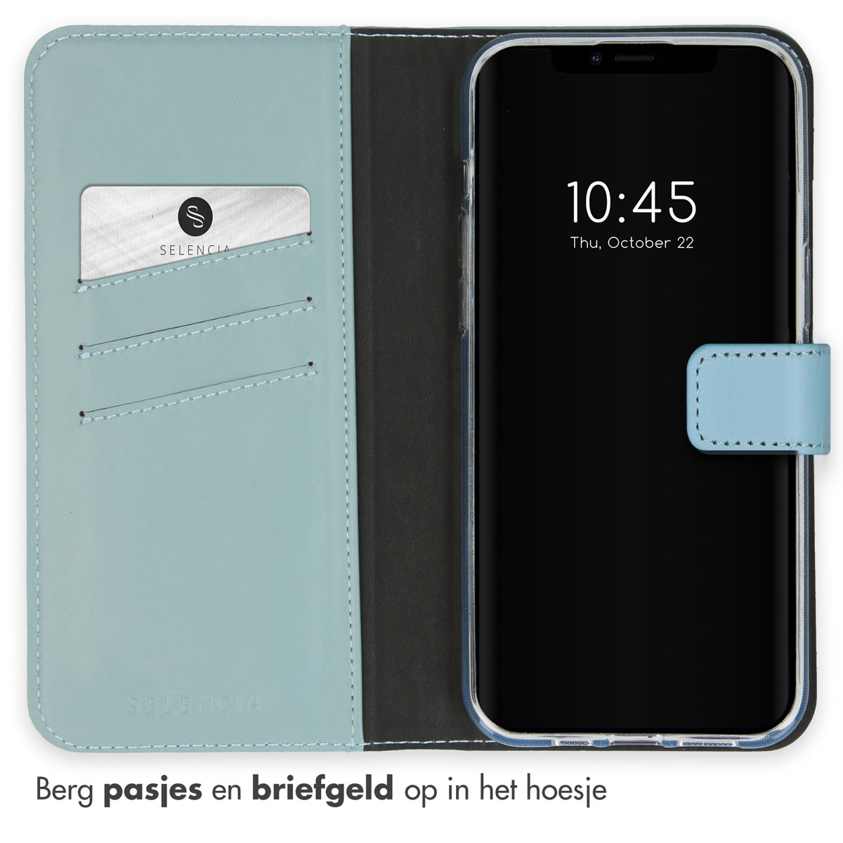 Open telefoonhoesje met een telefoon erin. De hoes is lichtblauw van binnen, met een kaart en de tijd.