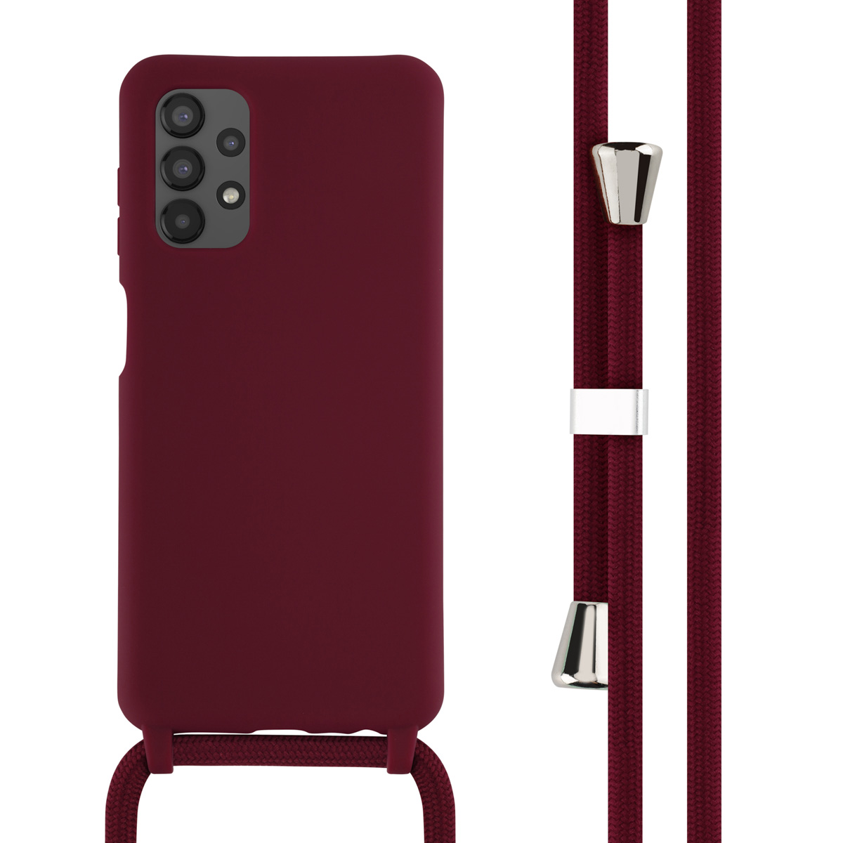 A burgundy phone case with a matching strap. The case has cutouts for the camera and buttons.