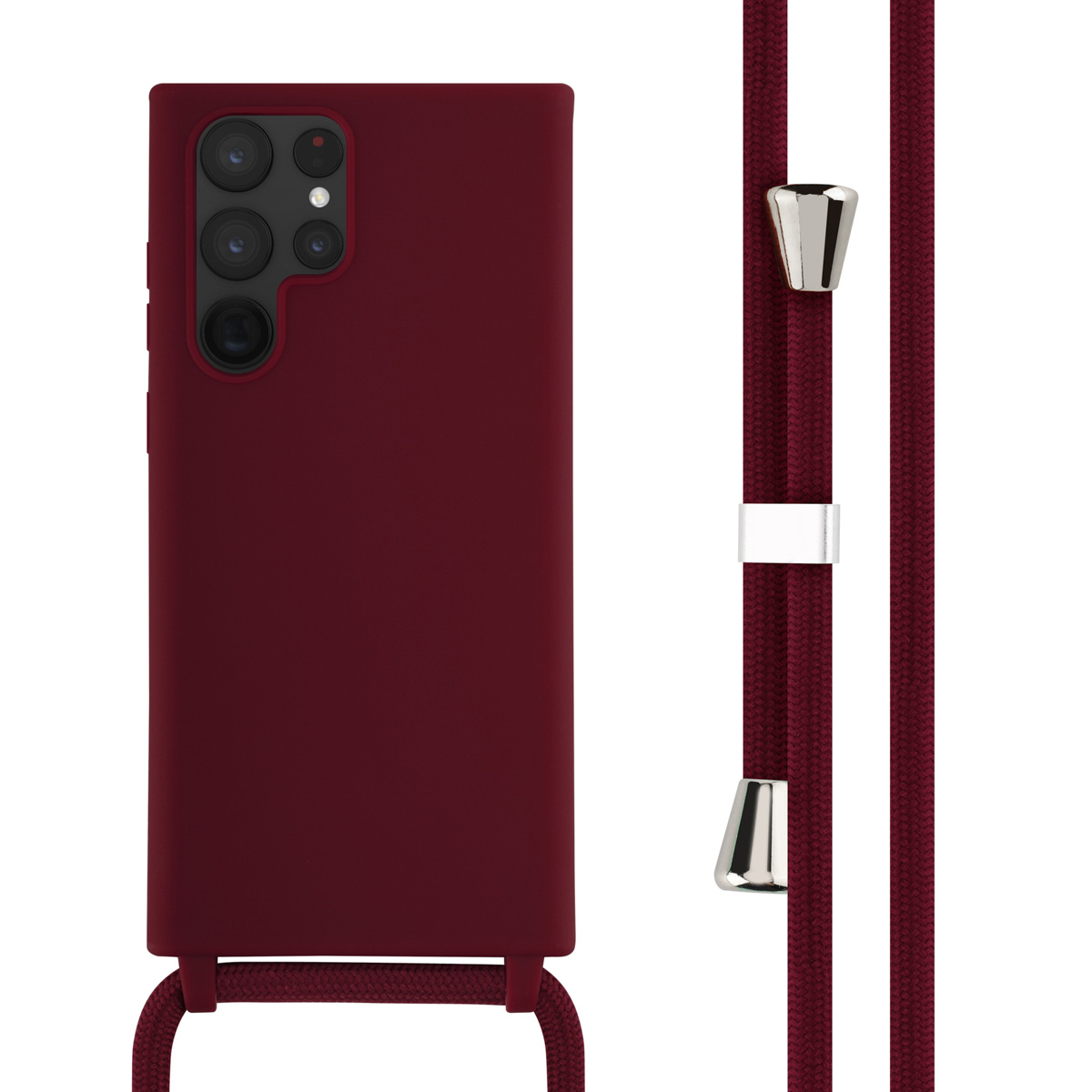 Coque bordeaux avec cordon bordeaux, détails argentés, fond blanc.