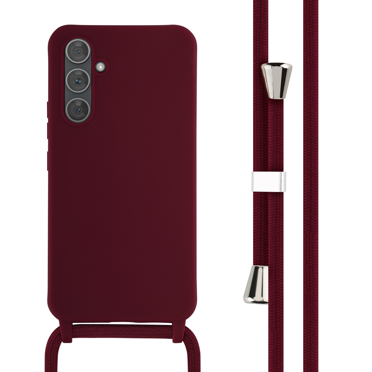 Donkerrode telefoonhoes met donkerrood koord en zilveren accenten. De hoes heeft drie camera's.