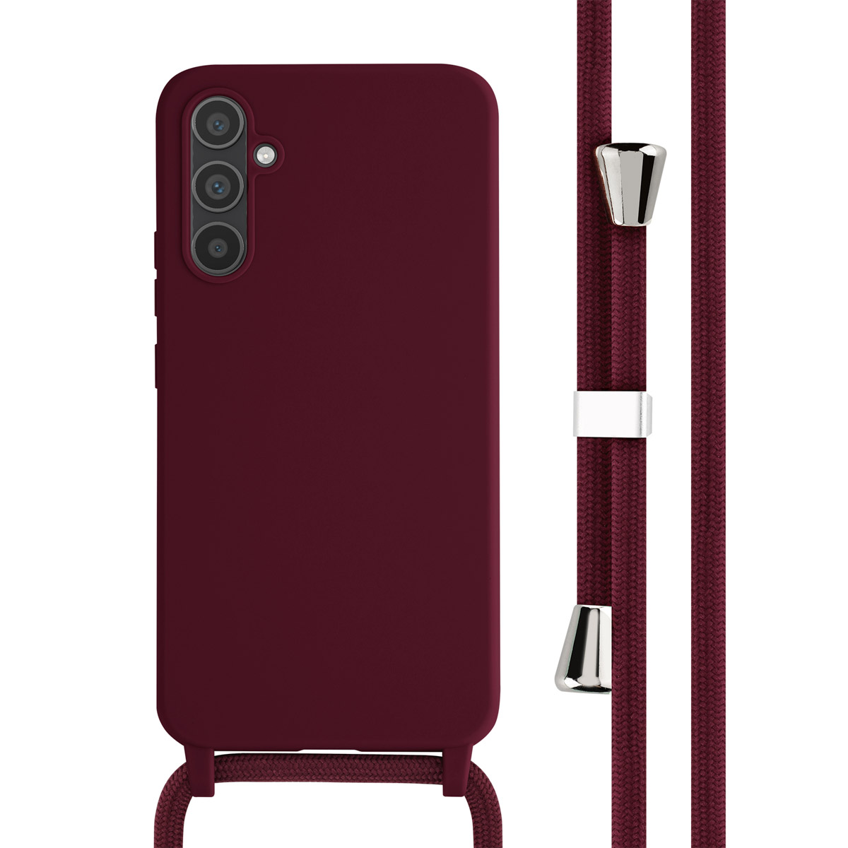Bordeauxrode telefoonhoes met een telefoonriem en een close-up van de riem.