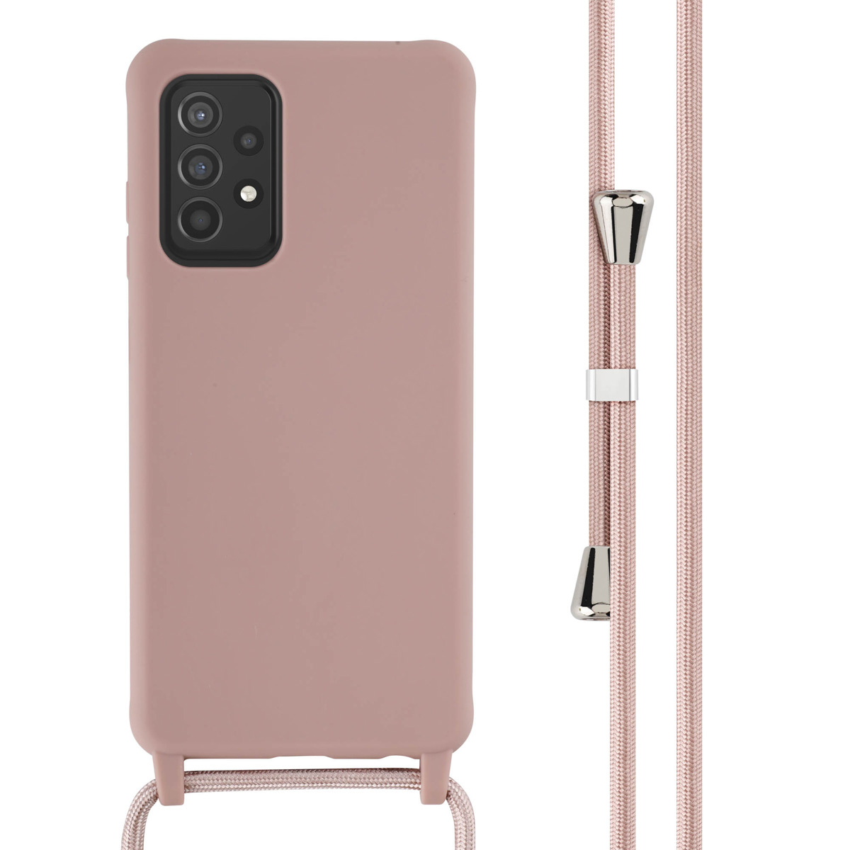 Coque de téléphone rose avec un cordon rose. Fond blanc.