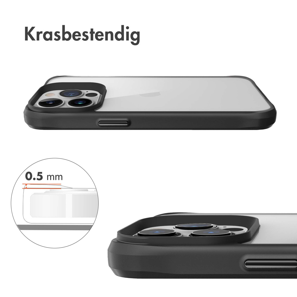 Krasbestendige telefoonhoes met 0,5 mm verhoogde rand voor camera.