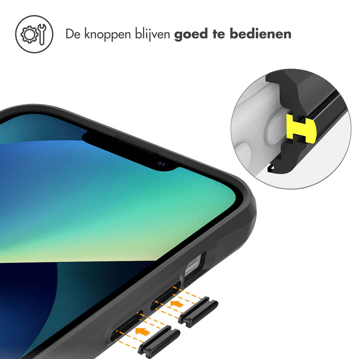 Close-up van een zwarte smartphonehoes met gemarkeerde knoppen en een gedetailleerde weergave.