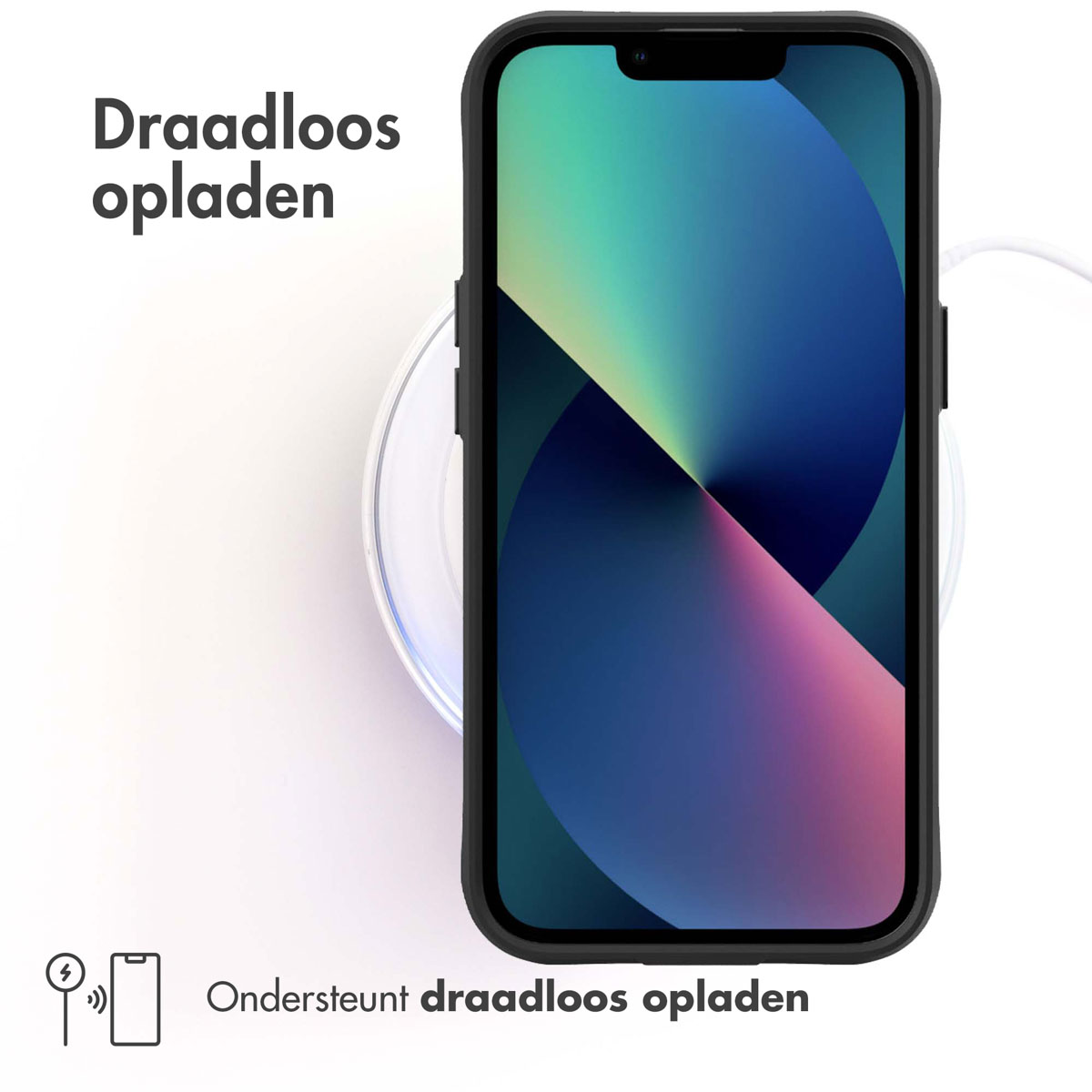 Zwarte telefoon in een zwarte hoes op een draadloze oplader. Tekst: ondersteunt draadloos opladen.