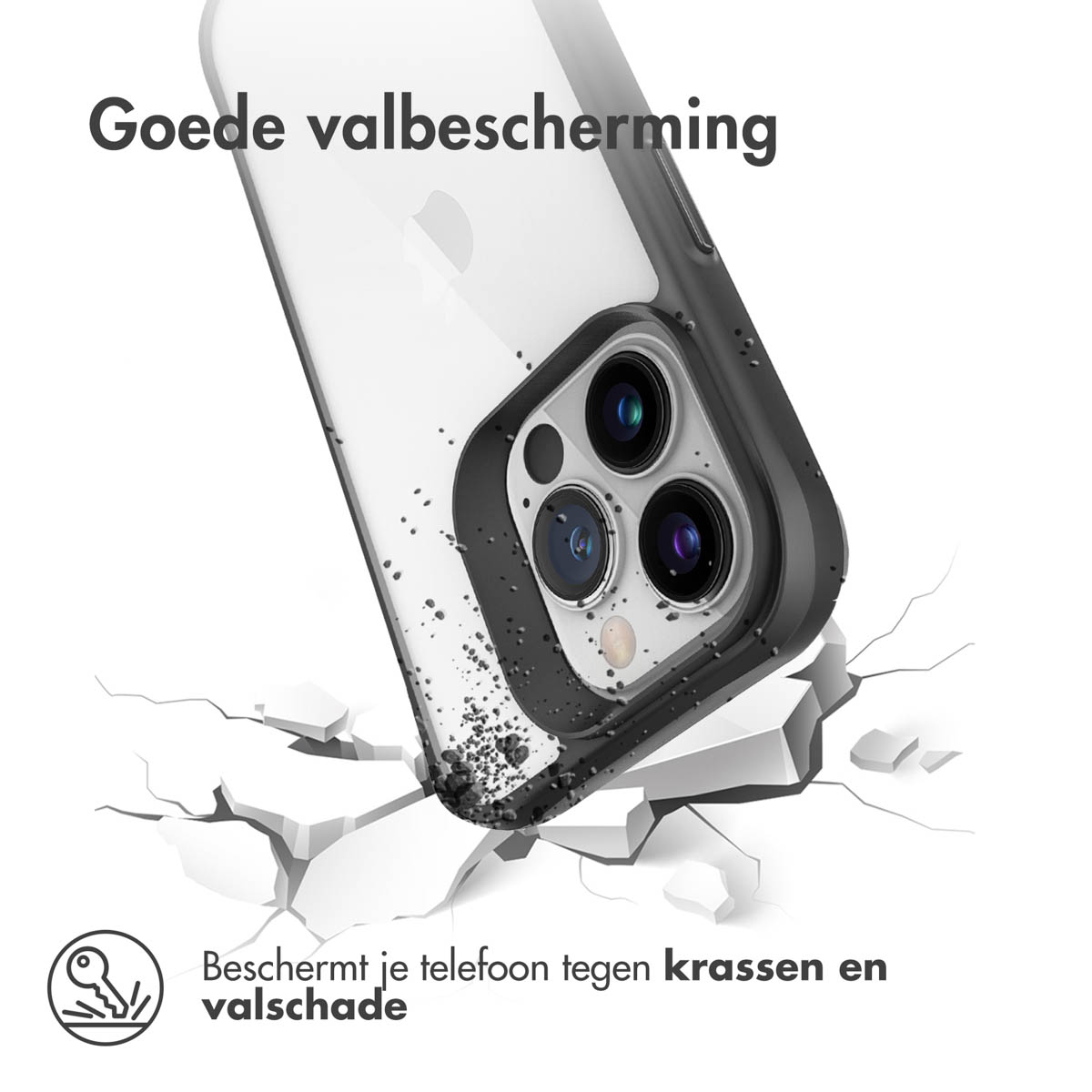 Een smartphone in een hoes valt op gebroken grond. Goede valbescherming.