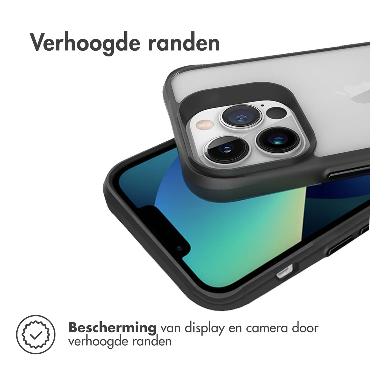 Telefoonhoes met verhoogde randen op een telefoon. Tekst: "Bescherming van scherm en camera".