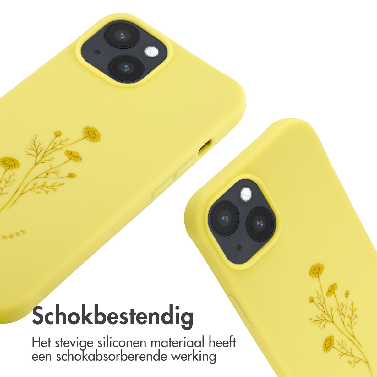 Zwei gelbe Handyhüllen mit Blumenmuster auf weißem Hintergrund.