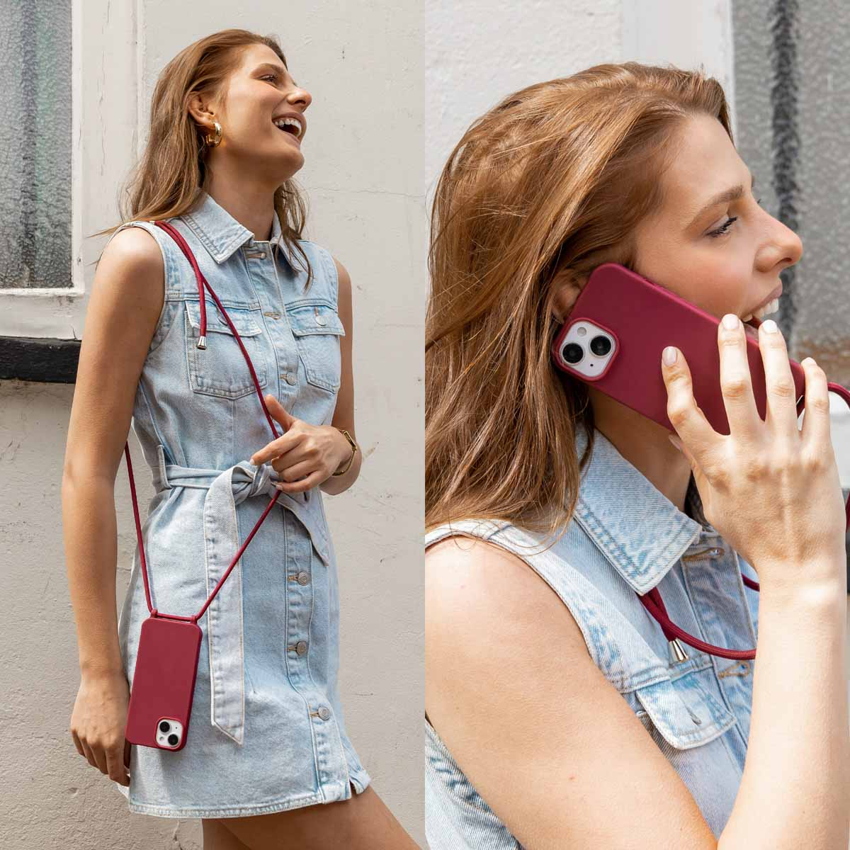 Una mujer con un vestido vaquero está hablando por teléfono. El teléfono tiene una funda y un cable rojos.