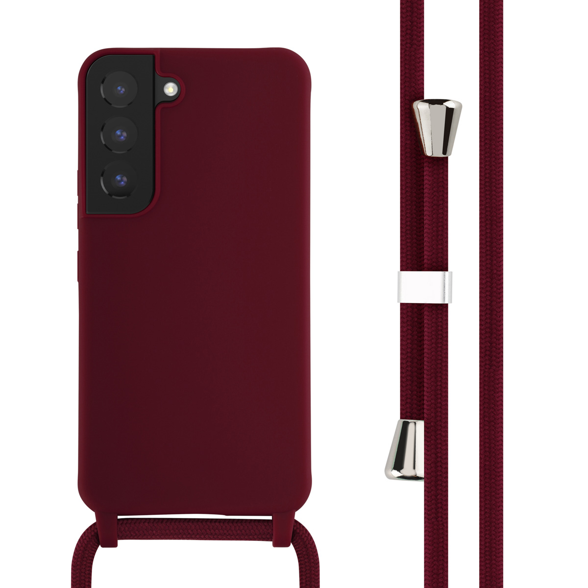 Bordeaux telefoonhoesje met koord. Zilveren accenten op de riem.