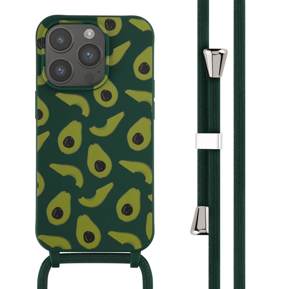Donkergroene telefoonhoes met avocadopatroon en een groen koord. Het koord heeft zilveren accenten.