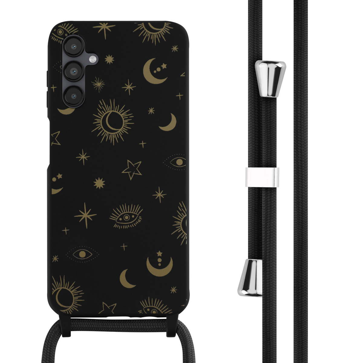 Coque de téléphone noire avec un design céleste doré. La coque a un cordon noir.