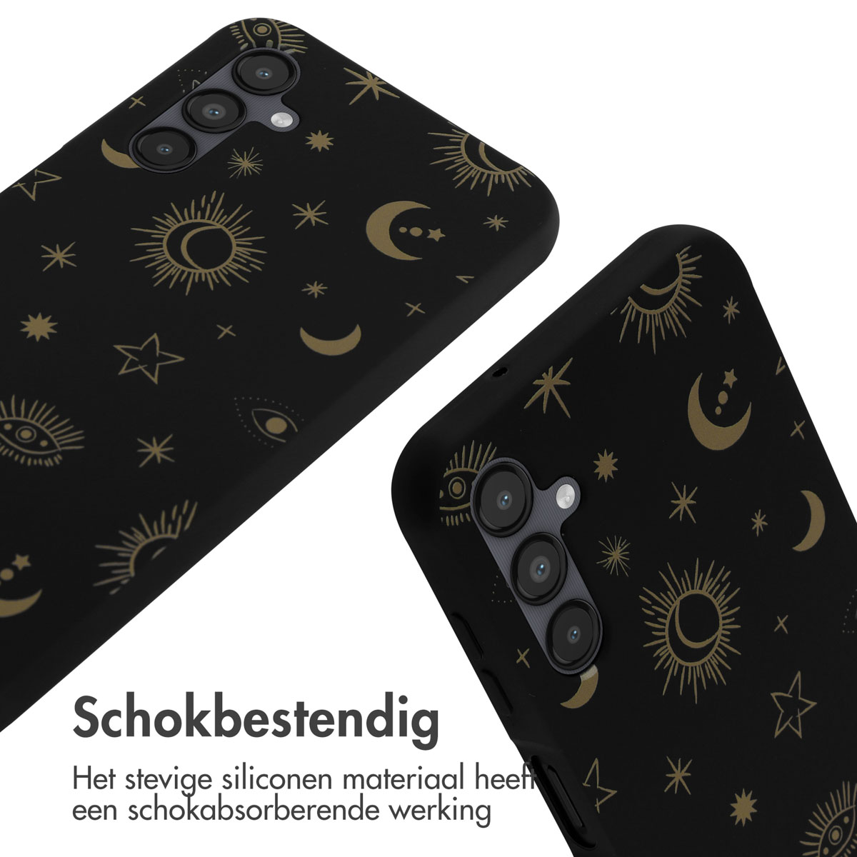 Coque de téléphone noire avec motif doré d'étoiles, lunes et yeux.