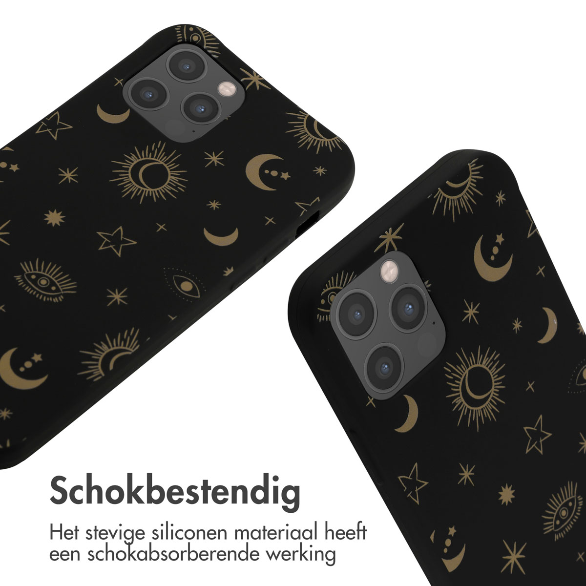 Zwei schwarze Handyhüllen mit goldenen Stern-, Mond- und Sonnensymbolen.
