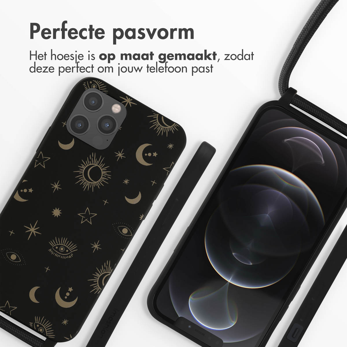 Schwarze Handyhülle mit Himmelsmuster neben einem Smartphone.