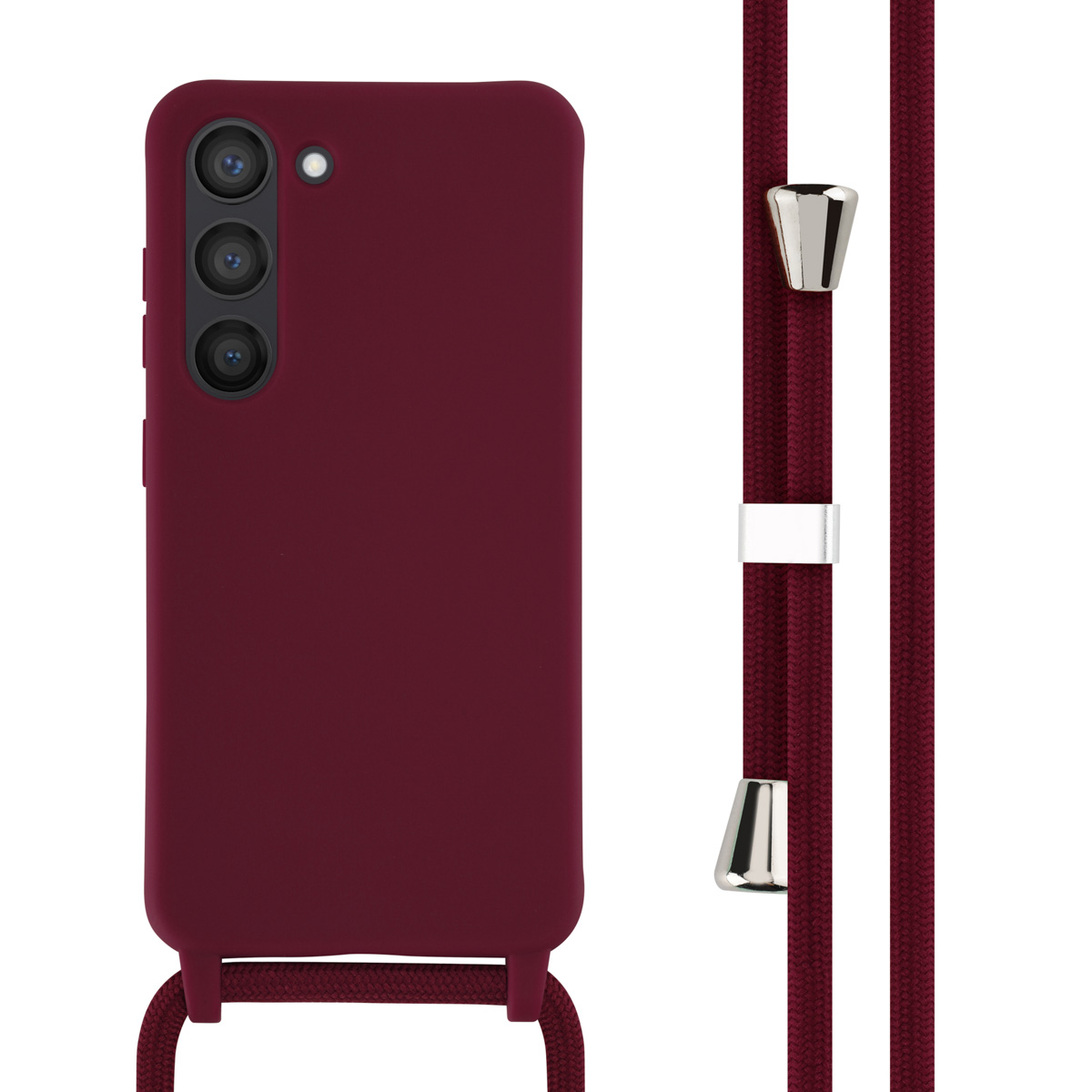 Bordeaux telefoonhoes met bordeaux koord en zilveren accenten op een witte achtergrond.