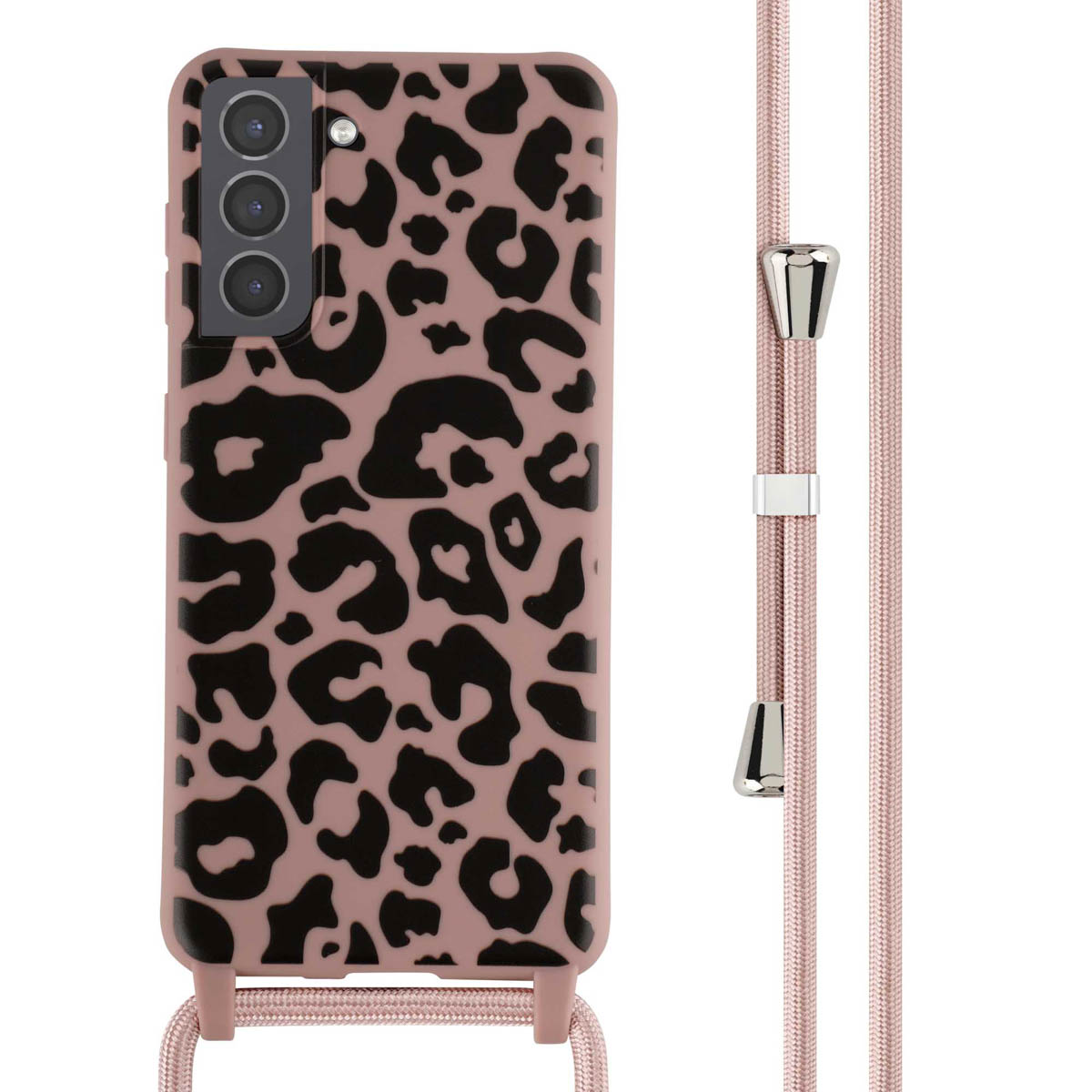 Roze telefoonhoes met luipaardprint met roze koord. Witte achtergrond.