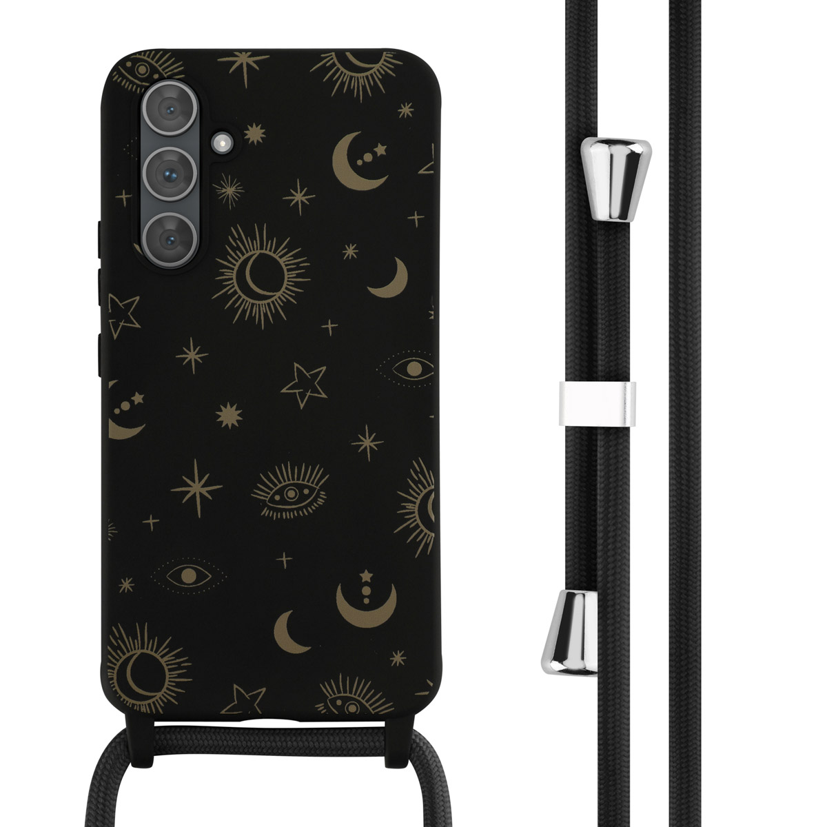 Zwart telefoonhoesje met hemels patroon, zwarte koord, zilveren accenten en witte achtergrond.