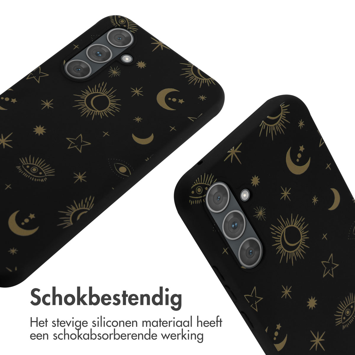 Twee zwarte telefoonhoesjes met gouden ster-, maan- en oogpatronen.