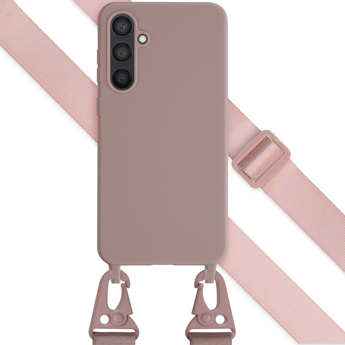 Coque et sangle de téléphone. L'étui est marron et la sangle est rose.