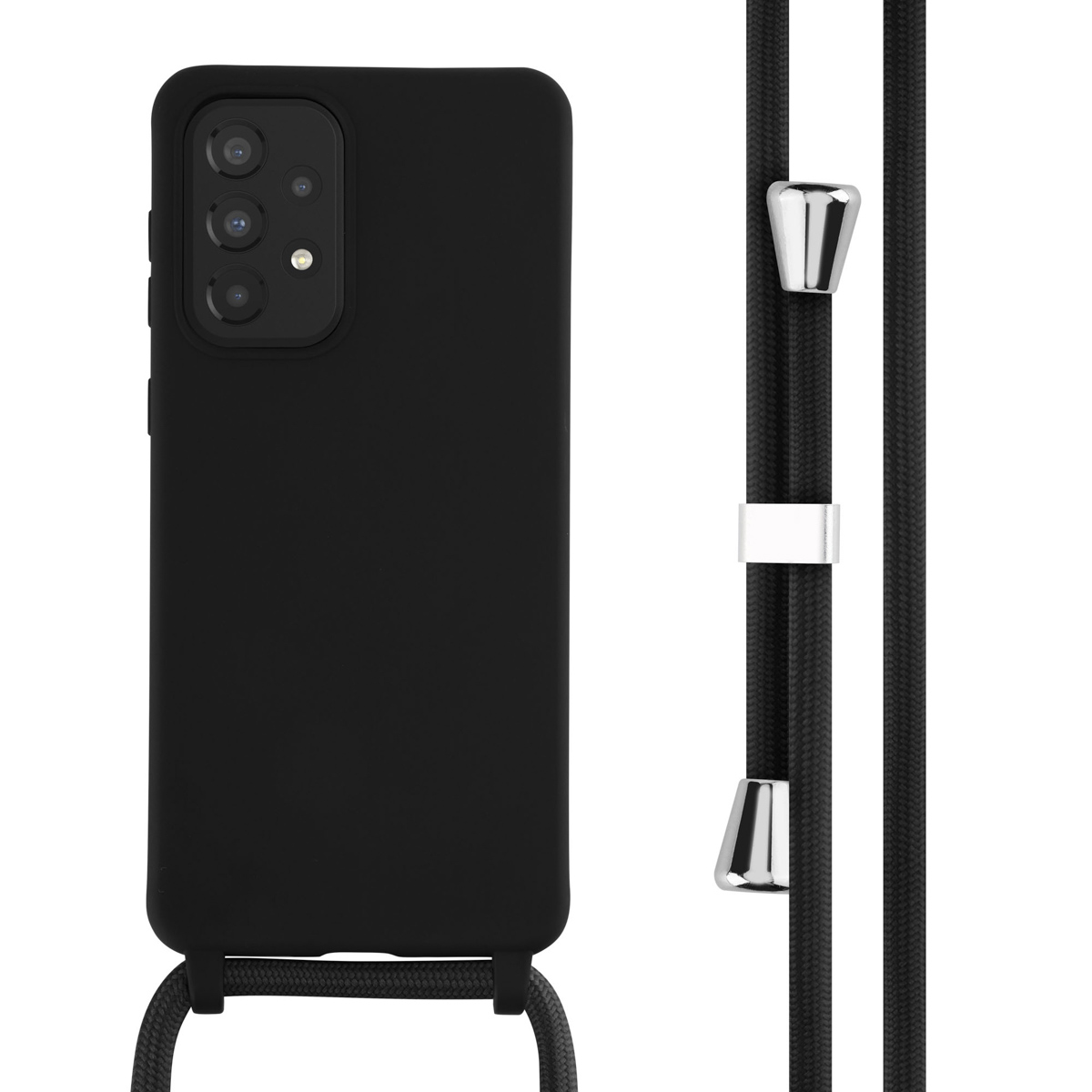 Coque noire avec sangle. Accents argentés. Fond blanc.