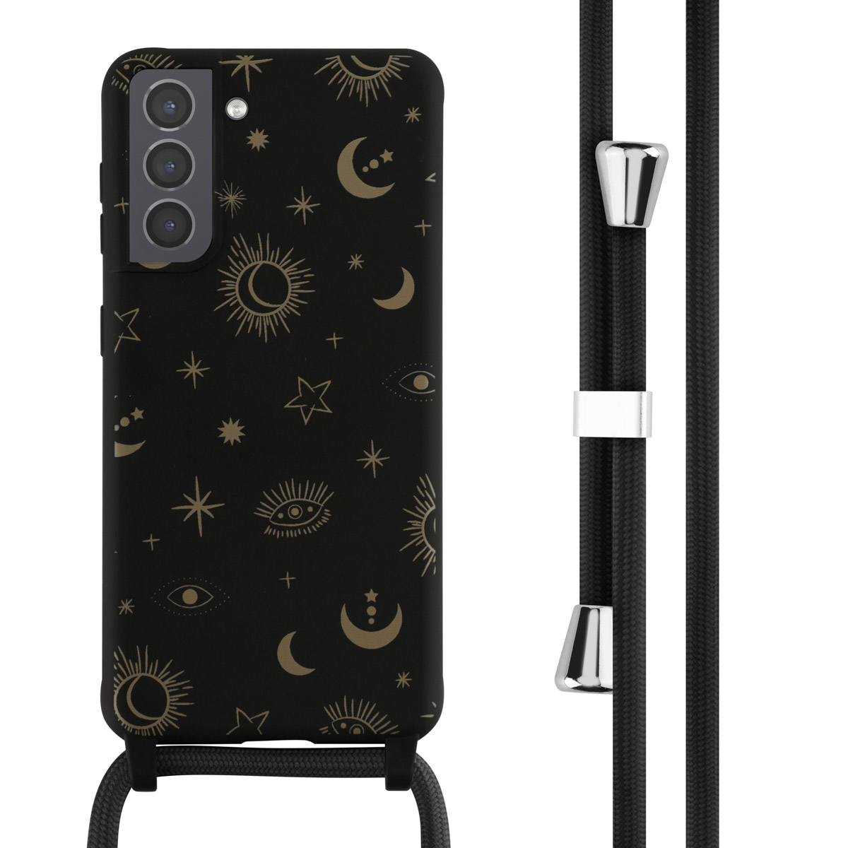 Zwarte telefoonhoes met gouden hemels ontwerp. De telefoonhoes heeft een zwart koord.