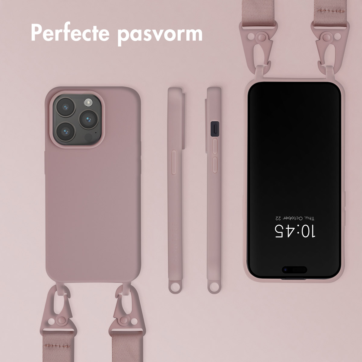 Une coque de téléphone rose et un téléphone avec une lanière sur fond rose.