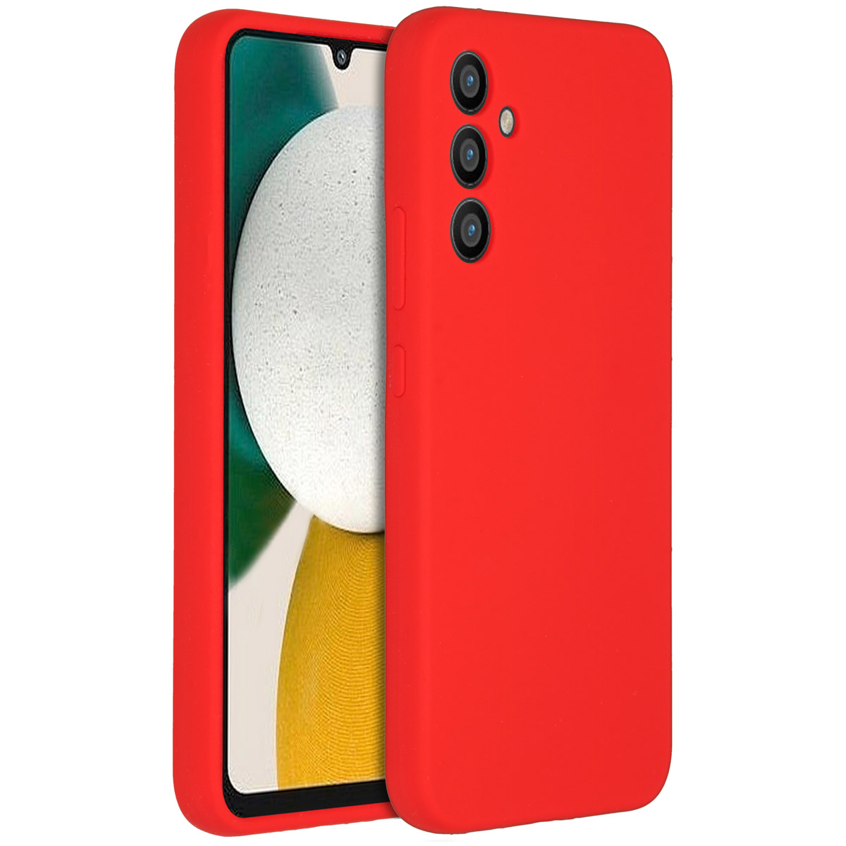 Twee rode telefoonhoesjes; één toont het telefoonscherm en de andere de achterkant.