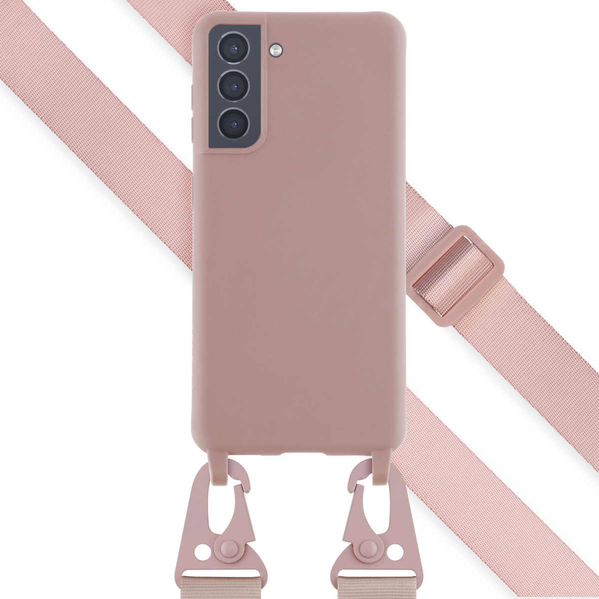 Roze telefoonhoes met een roze band. De hoes heeft drie camera's.