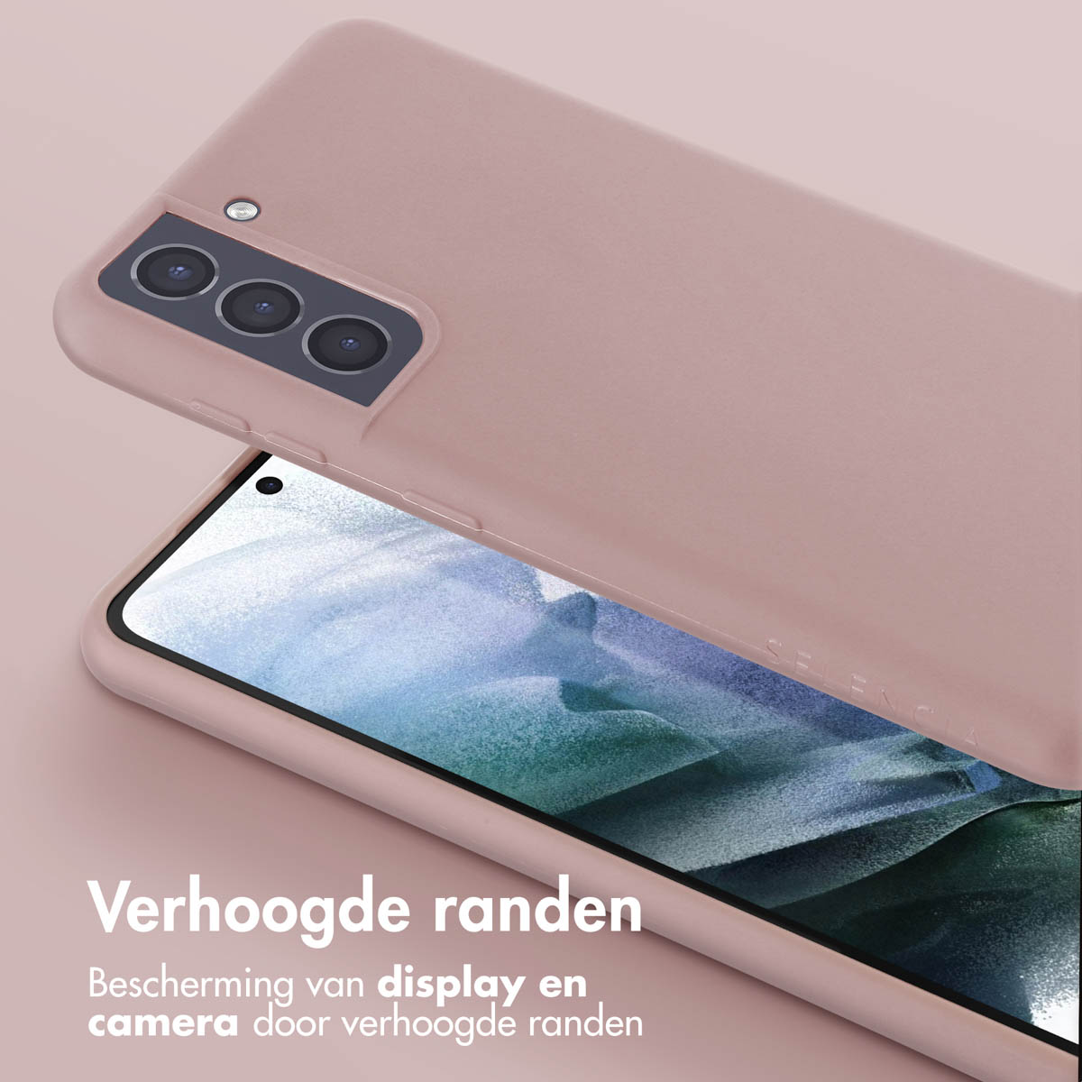Roze telefoonhoesje op telefoon. Tekst: Verhoogde randen. Beschermt display en camera.