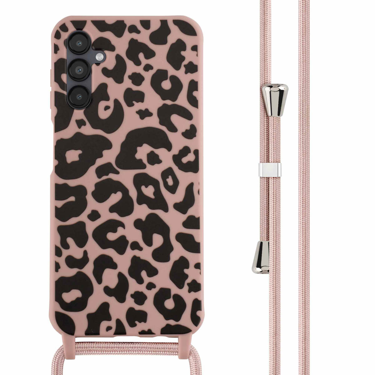 Coque de téléphone rose avec imprimé léopard noir. Cordon rose avec attaches argentées.