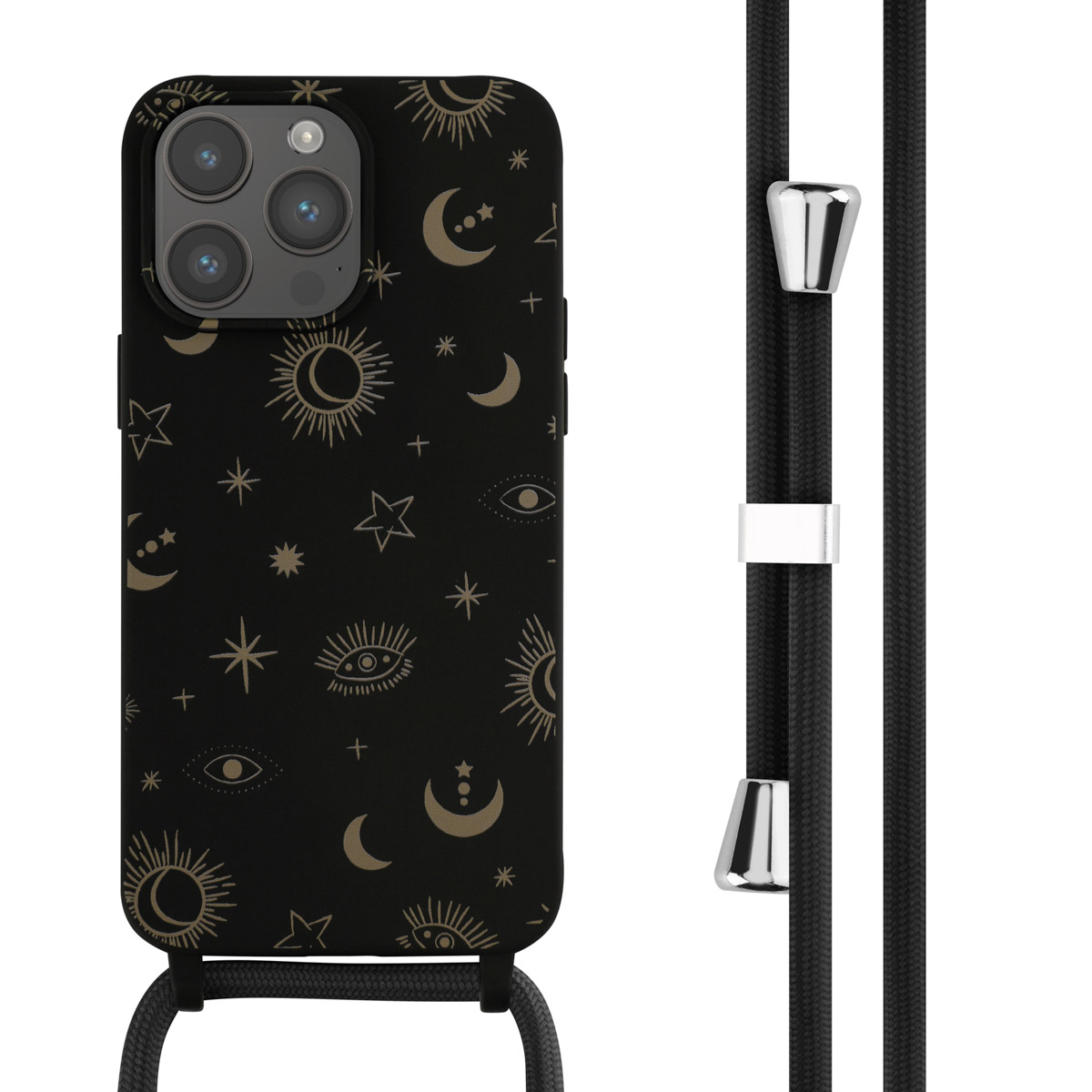 Zwarte telefoonhoes met zon- en maanontwerp. Zwarte band. Witte achtergrond.
