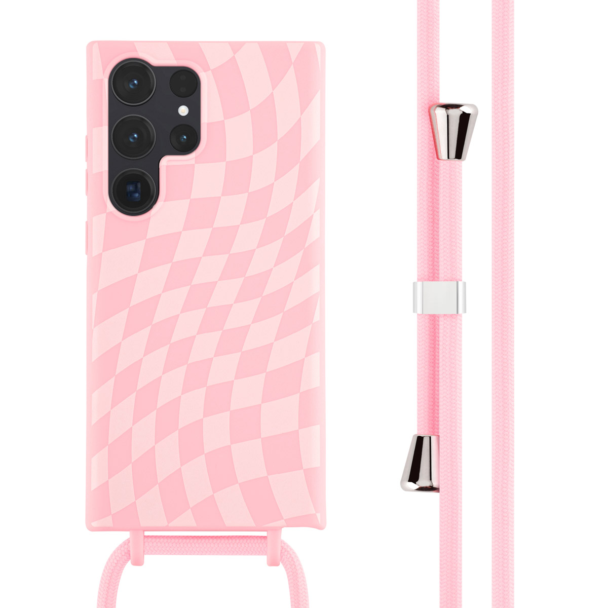 Coque de téléphone rose à motif quadrillé, attachée à un cordon rose. Accents argentés. Fond blanc.