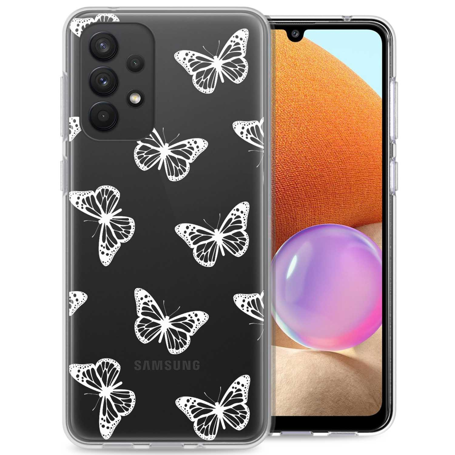 Coque de téléphone noire avec des papillons blancs, et un téléphone affichant un arrière-plan orange.
