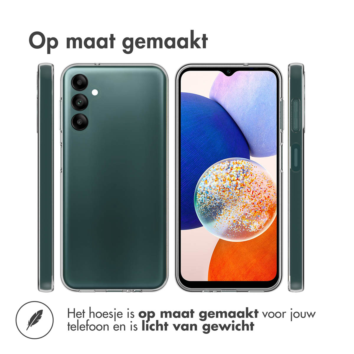 Un telefono verde con custodia trasparente, vista frontale e posteriore.