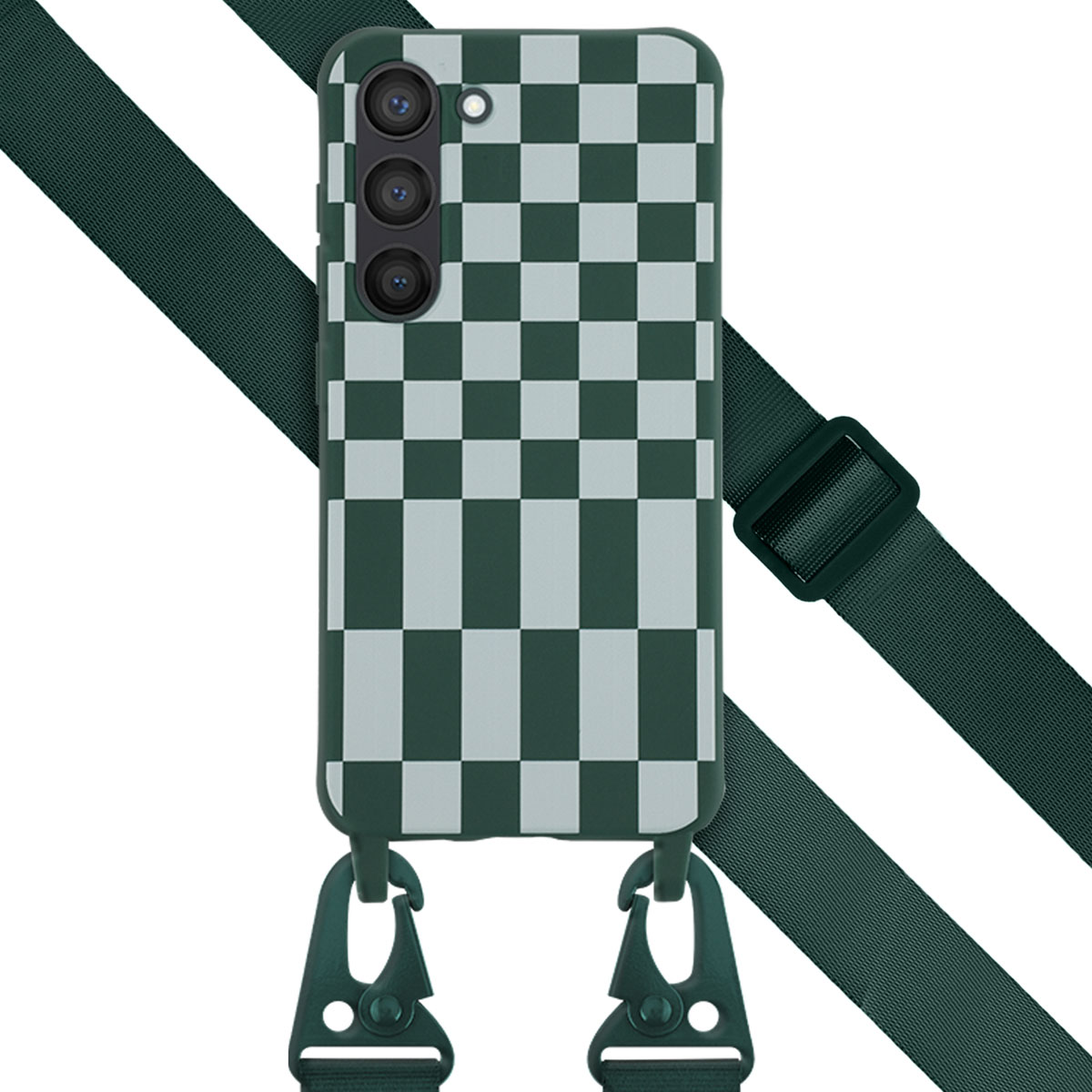 Coque de téléphone avec motif à carreaux verts et blancs, sangle verte. Fond blanc.