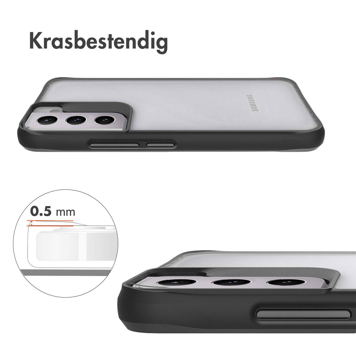 Zwarte telefoonhoes met transparante achterkant, 0,5 mm dik.