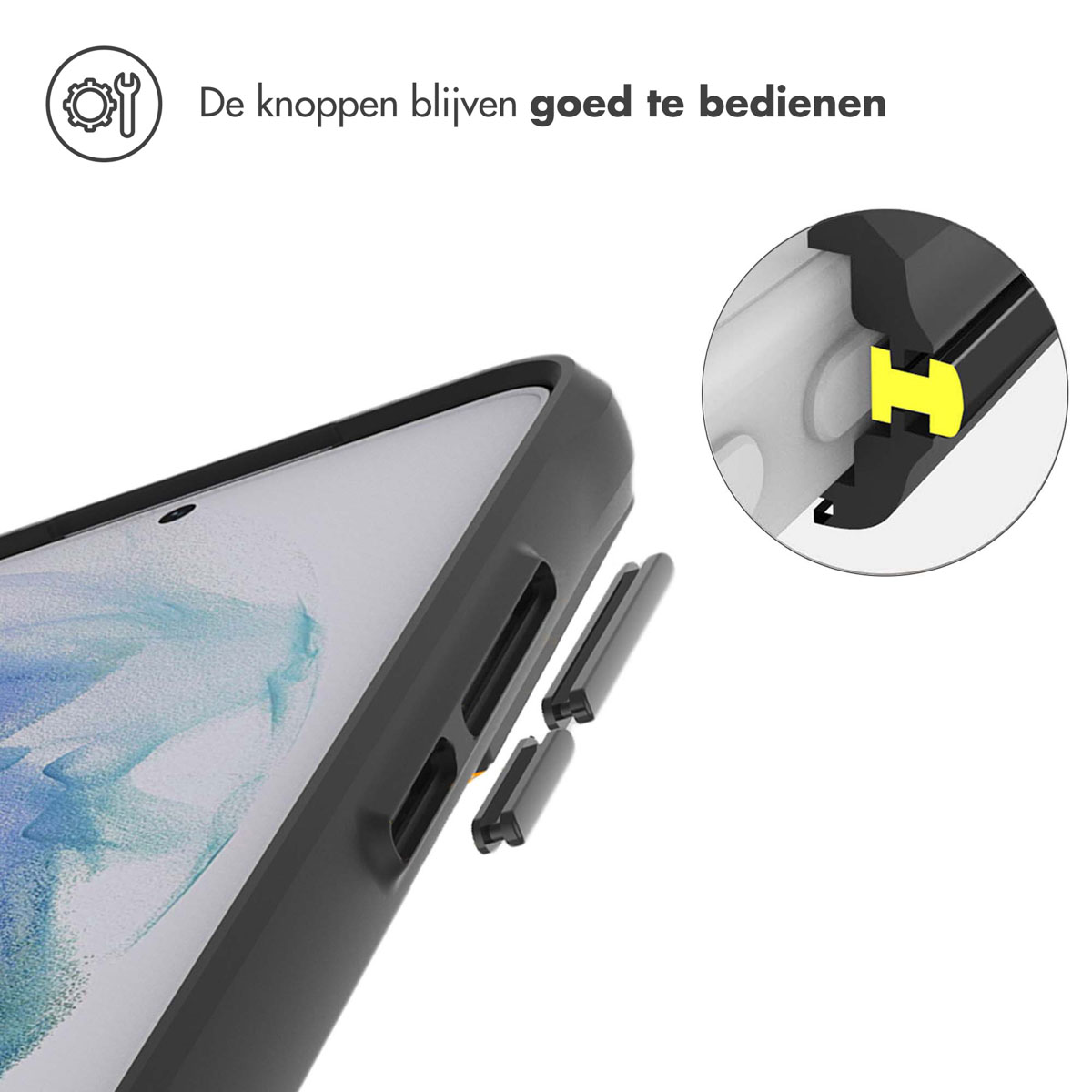 Telefoonhoes met knopdetails. Tekst: 'De knoppen blijven goed te bedienen'.