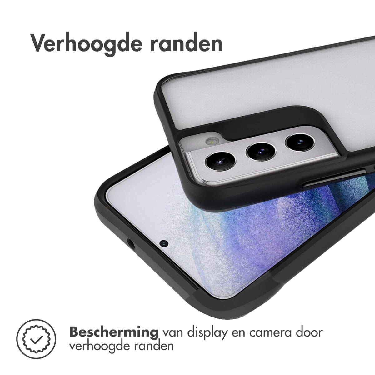 Zwarte telefoonhoes met verhoogde randen beschermt scherm en camera.