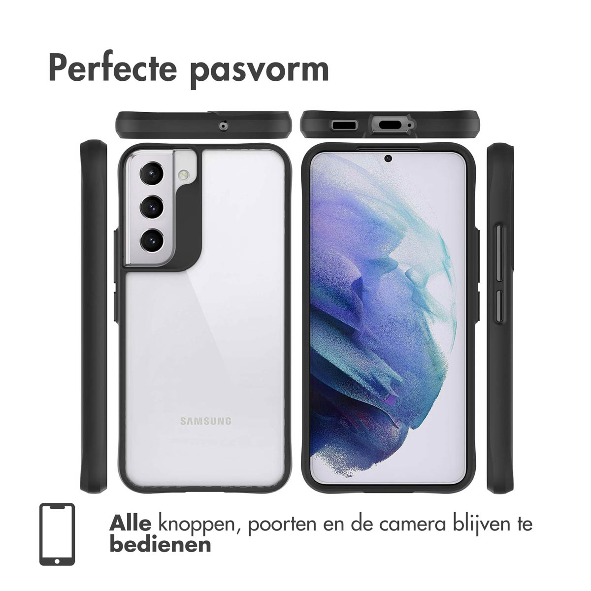 Een zwarte telefoonhoes set voor een Samsung smartphone, met toegang tot knoppen en poorten.