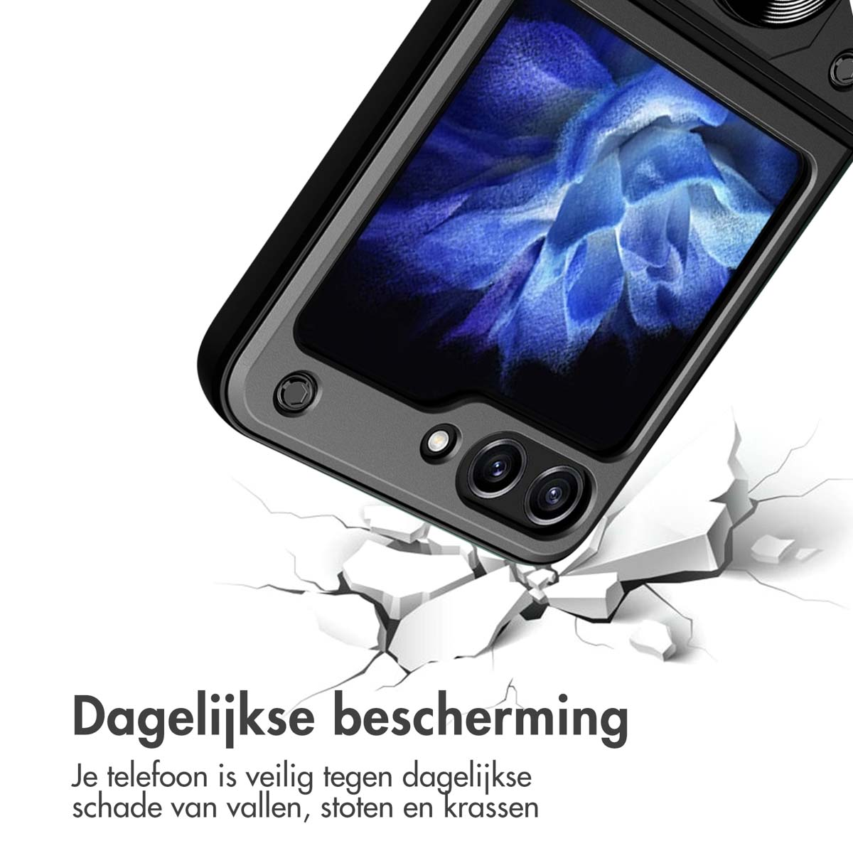 Telefono in una custodia con superficie incrinata. Testo: 'Dagliskse bescherming'.