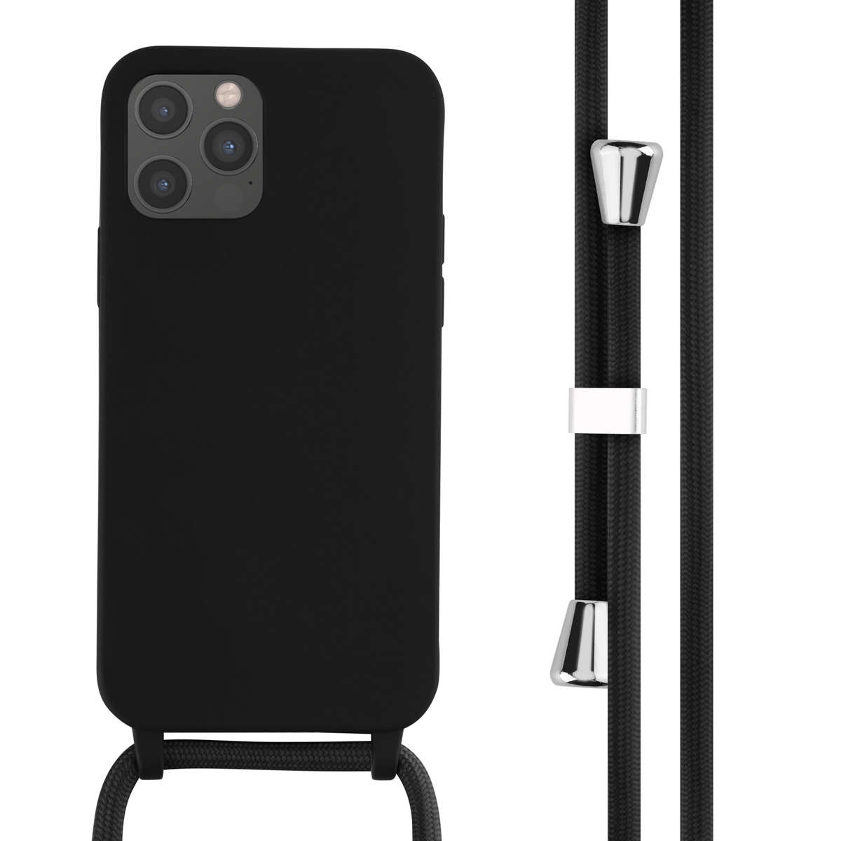 Coque noire avec cordon noir attaché.