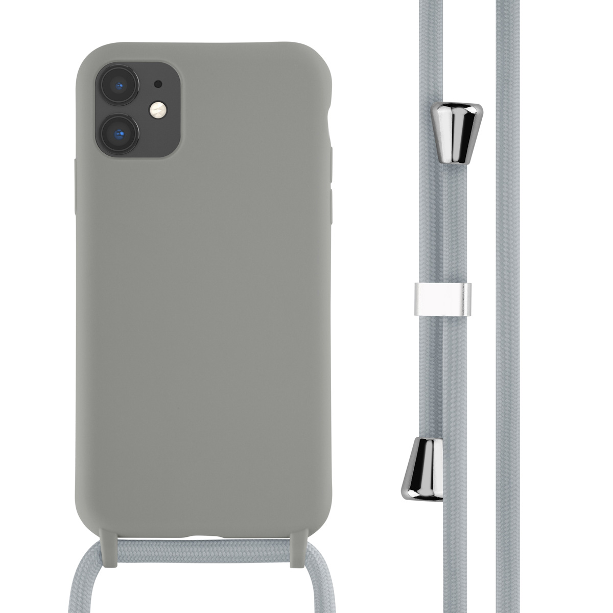 Grijze telefoonhoes met grijs koord en zilveren accenten. De hoes heeft twee camera's.