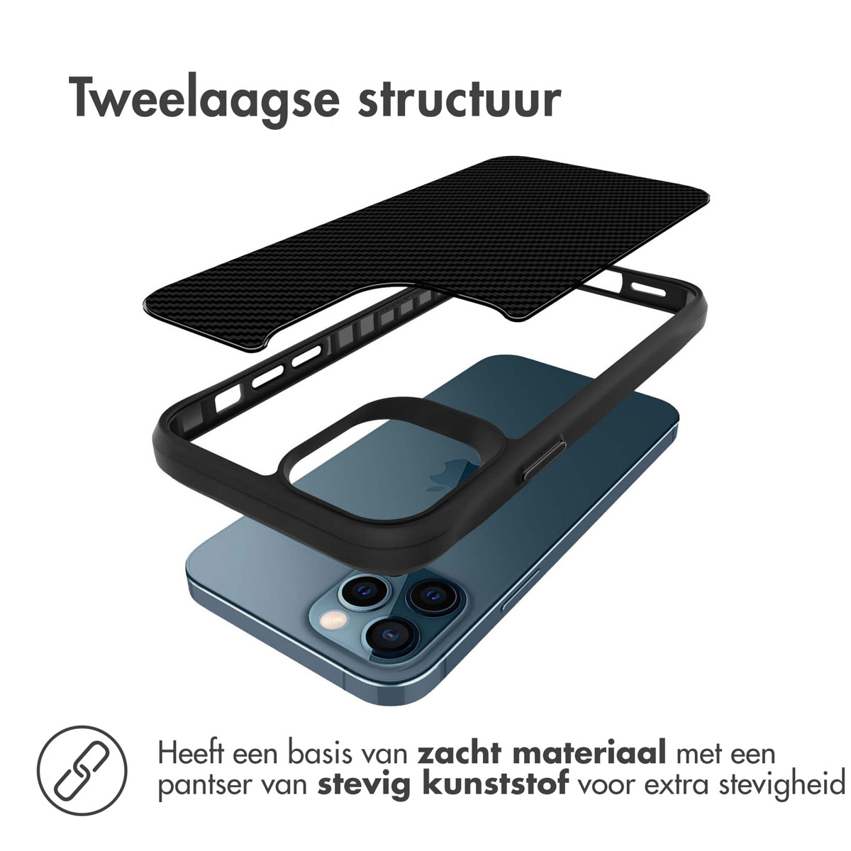 Telefoonhoes met zwart frame en zwart gestructureerd inzetstuk is gedemonteerd.